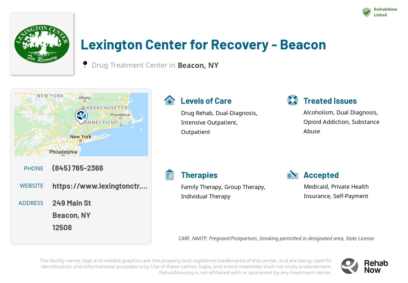 Helpful reference information for Lexington Center for Recovery - Beacon, a drug treatment center in New York located at: 249 Main St, Beacon, NY 12508, including phone numbers, official website, and more. Listed briefly is an overview of Levels of Care, Therapies Offered, Issues Treated, and accepted forms of Payment Methods.