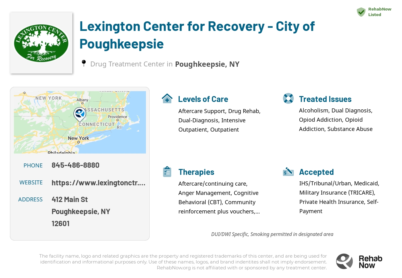 Helpful reference information for Lexington Center for Recovery - City of Poughkeepsie, a drug treatment center in New York located at: 412 Main St, Poughkeepsie, NY 12601, including phone numbers, official website, and more. Listed briefly is an overview of Levels of Care, Therapies Offered, Issues Treated, and accepted forms of Payment Methods.