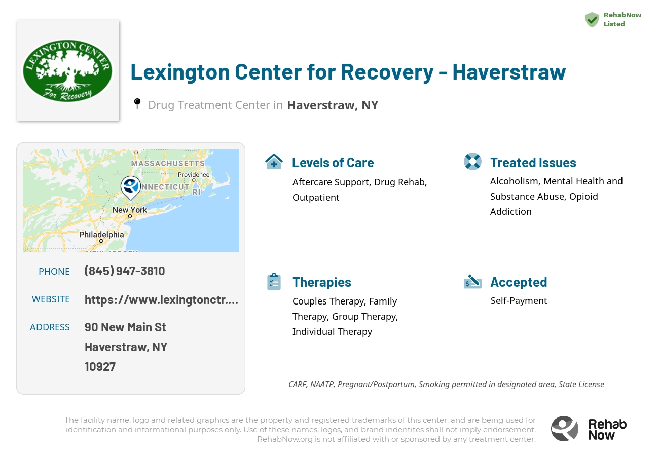 Helpful reference information for Lexington Center for Recovery - Haverstraw, a drug treatment center in New York located at: 90 New Main St, Haverstraw, NY 10927, including phone numbers, official website, and more. Listed briefly is an overview of Levels of Care, Therapies Offered, Issues Treated, and accepted forms of Payment Methods.