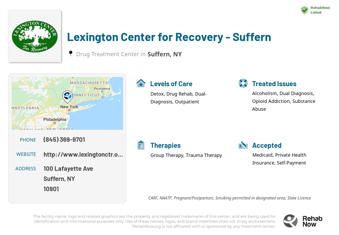 Helpful reference information for Lexington Center for Recovery - Suffern, a drug treatment center in New York located at: 100 Lafayette Ave, Suffern, NY 10901, including phone numbers, official website, and more. Listed briefly is an overview of Levels of Care, Therapies Offered, Issues Treated, and accepted forms of Payment Methods.