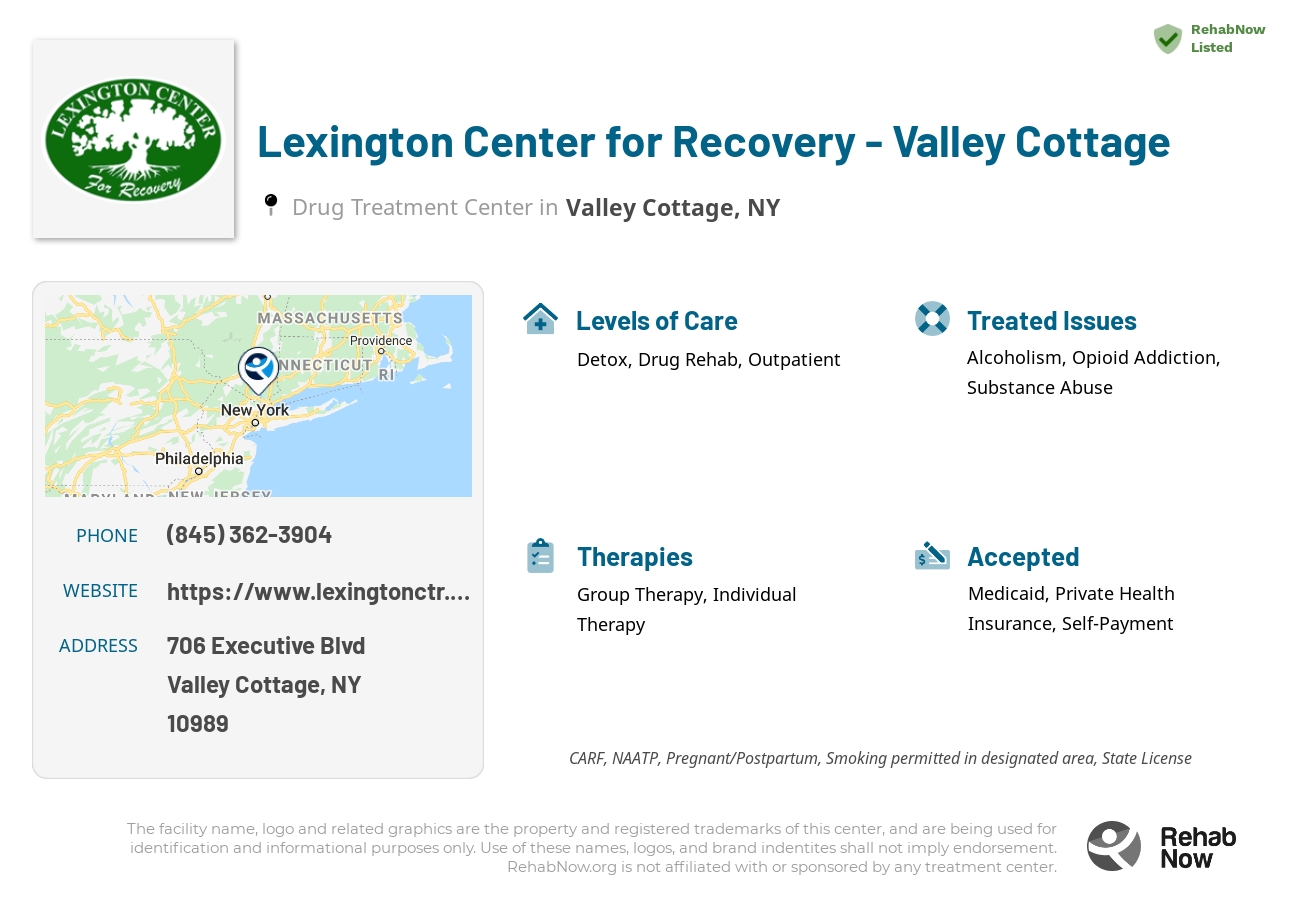 Helpful reference information for Lexington Center for Recovery - Valley Cottage, a drug treatment center in New York located at: 706 Executive Blvd, Valley Cottage, NY 10989, including phone numbers, official website, and more. Listed briefly is an overview of Levels of Care, Therapies Offered, Issues Treated, and accepted forms of Payment Methods.