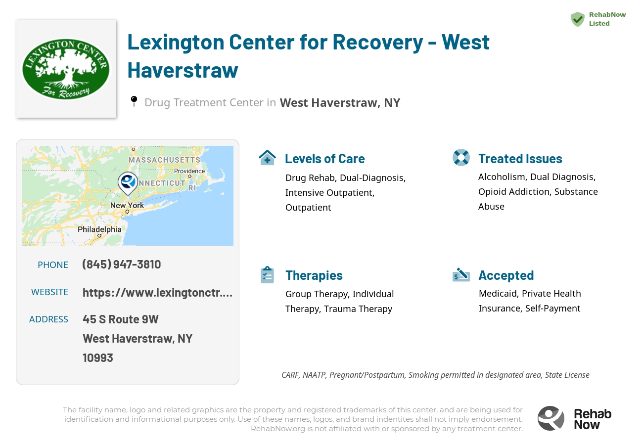 Helpful reference information for Lexington Center for Recovery - West Haverstraw, a drug treatment center in New York located at: 45 S Route 9W, West Haverstraw, NY 10993, including phone numbers, official website, and more. Listed briefly is an overview of Levels of Care, Therapies Offered, Issues Treated, and accepted forms of Payment Methods.