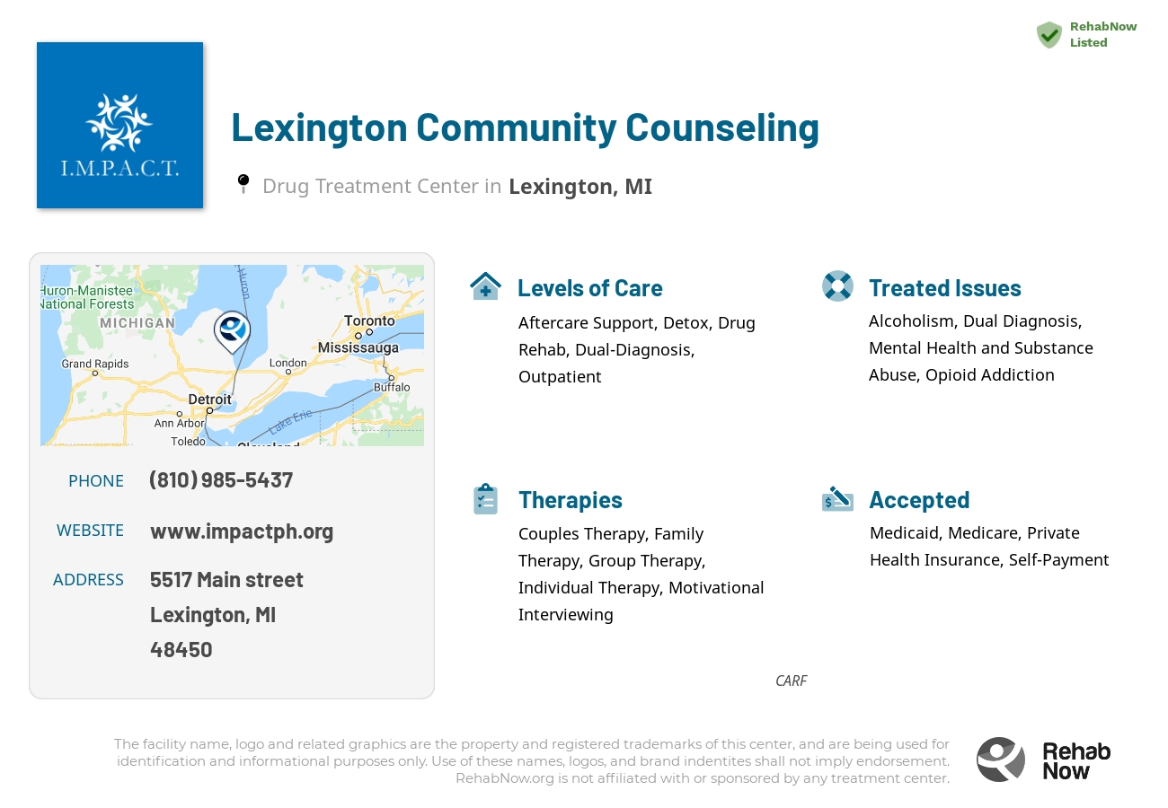 Helpful reference information for Lexington Community Counseling, a drug treatment center in Michigan located at: 5517 Main street, Lexington, MI, 48450, including phone numbers, official website, and more. Listed briefly is an overview of Levels of Care, Therapies Offered, Issues Treated, and accepted forms of Payment Methods.