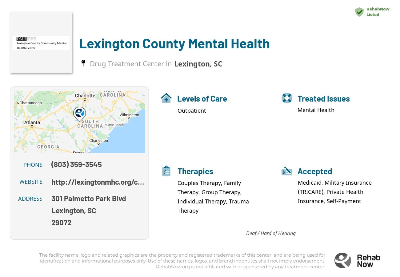 Helpful reference information for Lexington County Mental Health, a drug treatment center in South Carolina located at: 301 Palmetto Park Blvd, Lexington, SC 29072, including phone numbers, official website, and more. Listed briefly is an overview of Levels of Care, Therapies Offered, Issues Treated, and accepted forms of Payment Methods.