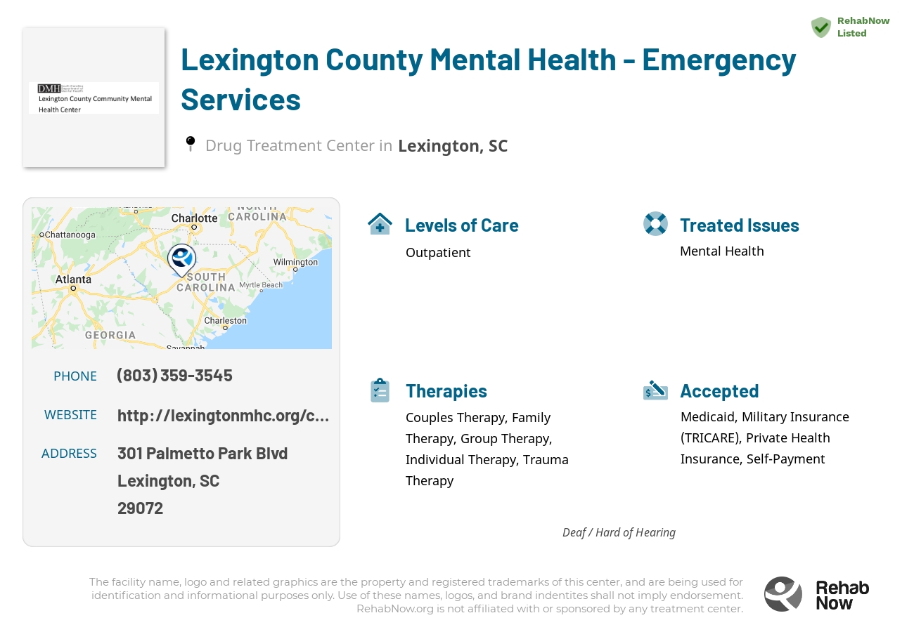 Helpful reference information for Lexington County Mental Health - Emergency Services, a drug treatment center in South Carolina located at: 301 Palmetto Park Blvd, Lexington, SC 29072, including phone numbers, official website, and more. Listed briefly is an overview of Levels of Care, Therapies Offered, Issues Treated, and accepted forms of Payment Methods.