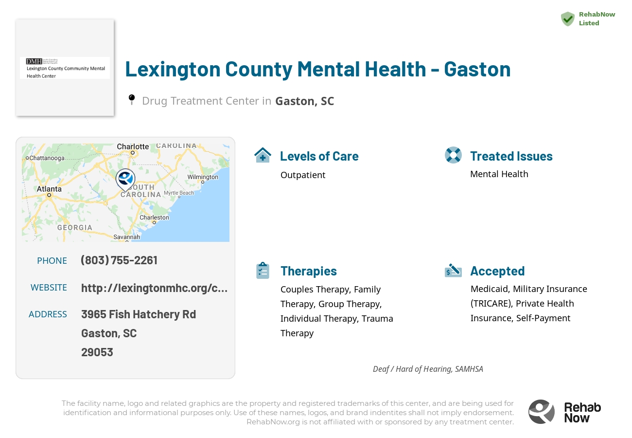 Helpful reference information for Lexington County Mental Health - Gaston, a drug treatment center in South Carolina located at: 3965 Fish Hatchery Rd, Gaston, SC 29053, including phone numbers, official website, and more. Listed briefly is an overview of Levels of Care, Therapies Offered, Issues Treated, and accepted forms of Payment Methods.