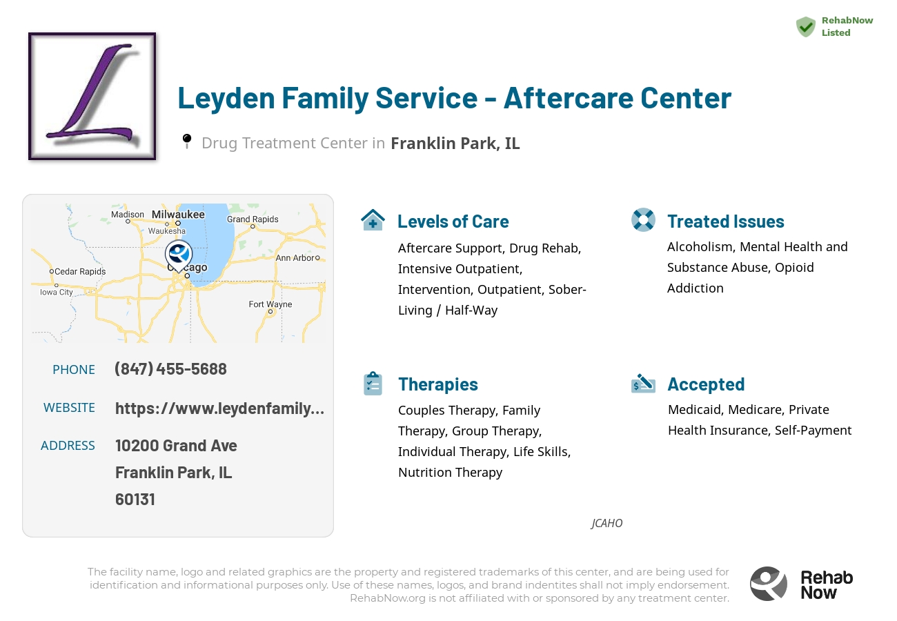 Helpful reference information for Leyden Family Service - Aftercare Center, a drug treatment center in Illinois located at: 10200 Grand Ave, Franklin Park, IL 60131, including phone numbers, official website, and more. Listed briefly is an overview of Levels of Care, Therapies Offered, Issues Treated, and accepted forms of Payment Methods.