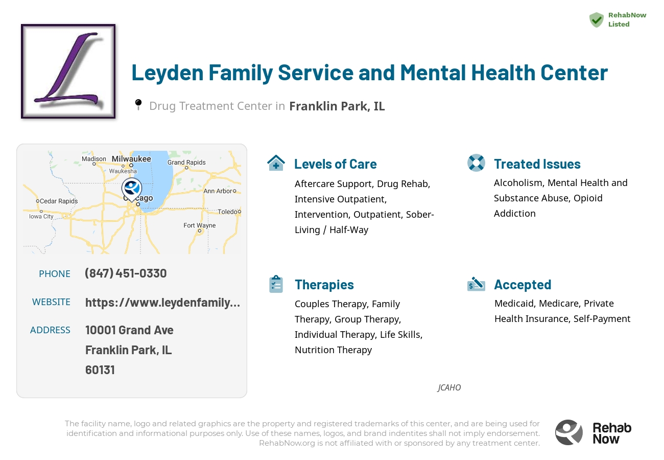Helpful reference information for Leyden Family Service and Mental Health Center, a drug treatment center in Illinois located at: 10001 Grand Ave, Franklin Park, IL 60131, including phone numbers, official website, and more. Listed briefly is an overview of Levels of Care, Therapies Offered, Issues Treated, and accepted forms of Payment Methods.