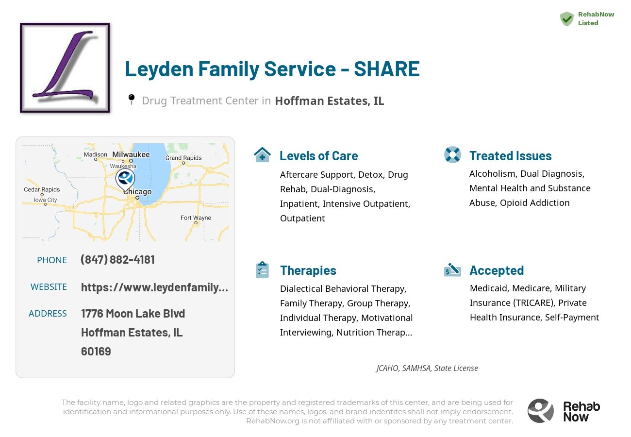 Helpful reference information for Leyden Family Service - SHARE, a drug treatment center in Illinois located at: 1776 Moon Lake Blvd, Hoffman Estates, IL 60169, including phone numbers, official website, and more. Listed briefly is an overview of Levels of Care, Therapies Offered, Issues Treated, and accepted forms of Payment Methods.