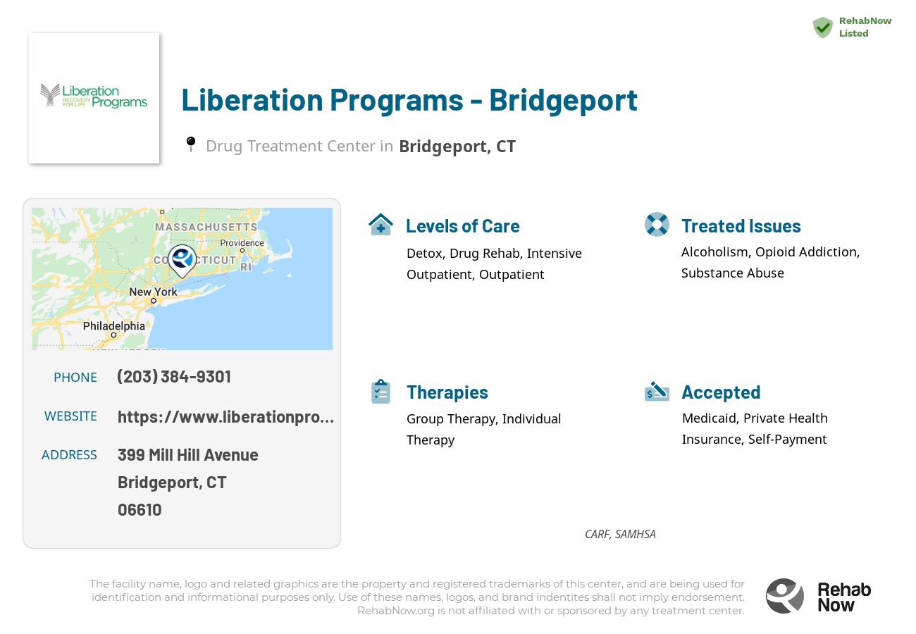 Helpful reference information for Liberation Programs - Bridgeport, a drug treatment center in Connecticut located at: 399 Mill Hill Avenue, Bridgeport, CT, 06610, including phone numbers, official website, and more. Listed briefly is an overview of Levels of Care, Therapies Offered, Issues Treated, and accepted forms of Payment Methods.