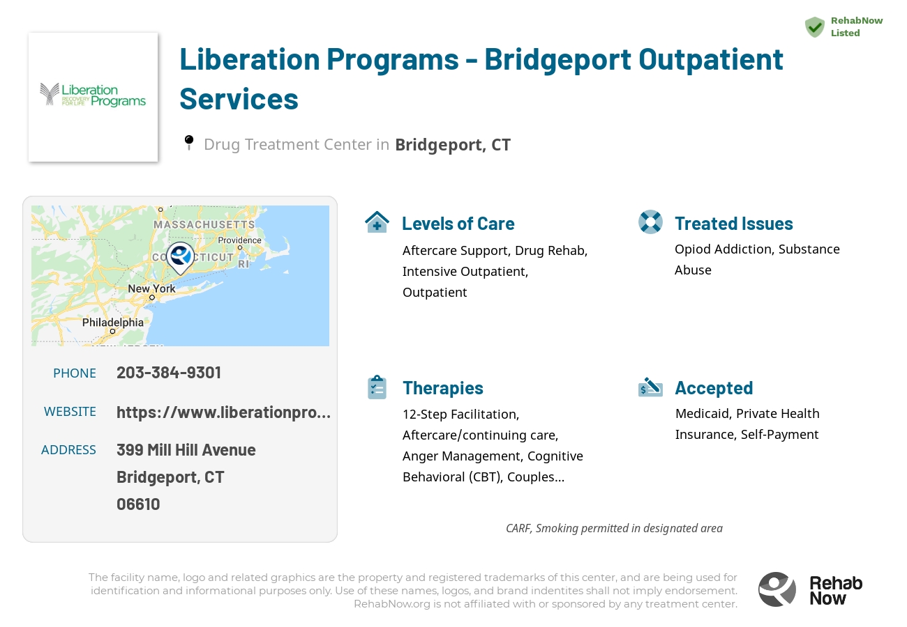 Helpful reference information for Liberation Programs - Bridgeport Outpatient Services, a drug treatment center in Connecticut located at: 399 Mill Hill Avenue, Bridgeport, CT 06610, including phone numbers, official website, and more. Listed briefly is an overview of Levels of Care, Therapies Offered, Issues Treated, and accepted forms of Payment Methods.