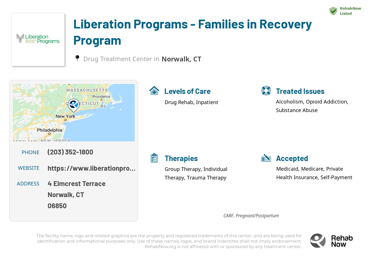 Helpful reference information for Liberation Programs - Families in Recovery Program, a drug treatment center in Connecticut located at: 4 Elmcrest Terrace, Norwalk, CT, 06850, including phone numbers, official website, and more. Listed briefly is an overview of Levels of Care, Therapies Offered, Issues Treated, and accepted forms of Payment Methods.