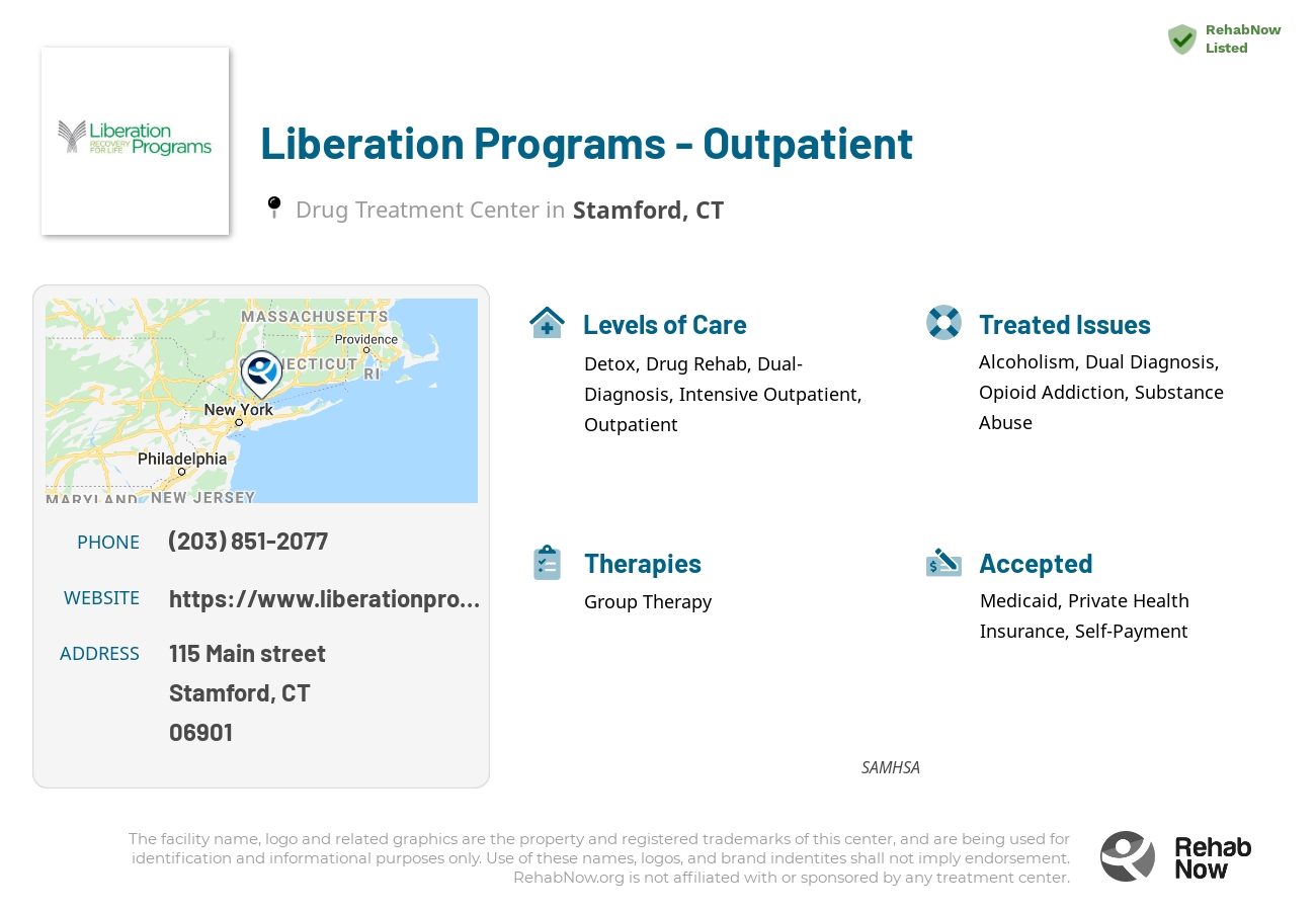 Helpful reference information for Liberation Programs - Outpatient, a drug treatment center in Connecticut located at: 115 Main street, Stamford, CT, 06901, including phone numbers, official website, and more. Listed briefly is an overview of Levels of Care, Therapies Offered, Issues Treated, and accepted forms of Payment Methods.