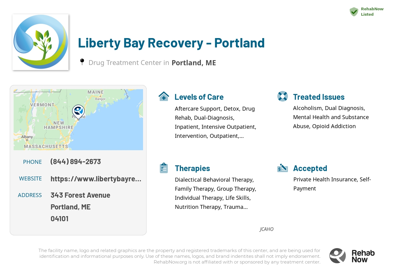 Helpful reference information for Liberty Bay Recovery - Portland, a drug treatment center in Maine located at: 343 Forest Avenue, Portland, ME, 04101, including phone numbers, official website, and more. Listed briefly is an overview of Levels of Care, Therapies Offered, Issues Treated, and accepted forms of Payment Methods.