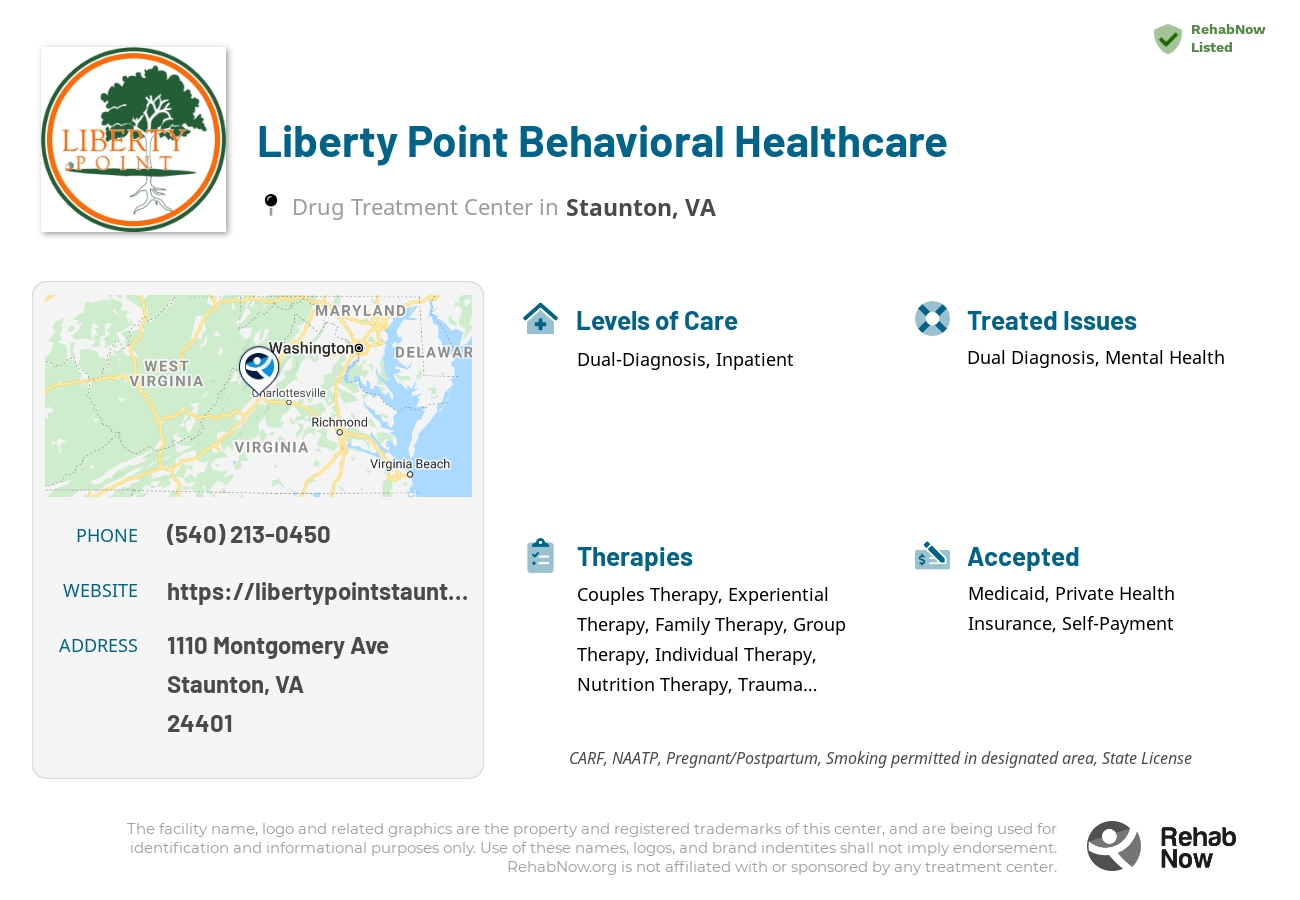 Helpful reference information for Liberty Point Behavioral Healthcare, a drug treatment center in Virginia located at: 1110 Montgomery Ave, Staunton, VA 24401, including phone numbers, official website, and more. Listed briefly is an overview of Levels of Care, Therapies Offered, Issues Treated, and accepted forms of Payment Methods.