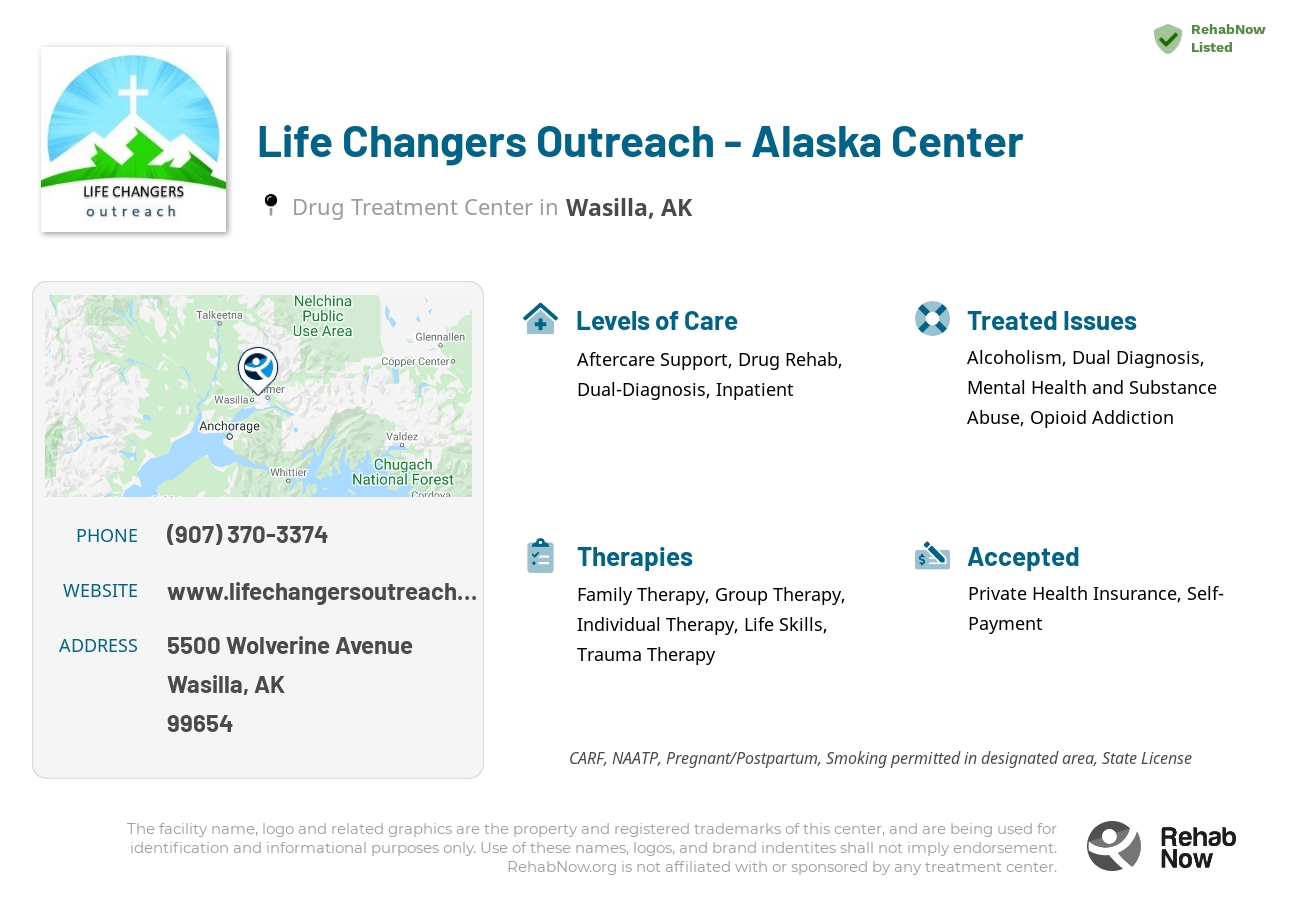 Helpful reference information for Life Changers Outreach - Alaska Center, a drug treatment center in Alaska located at: 5500 Wolverine Avenue, Wasilla, AK, 99654, including phone numbers, official website, and more. Listed briefly is an overview of Levels of Care, Therapies Offered, Issues Treated, and accepted forms of Payment Methods.