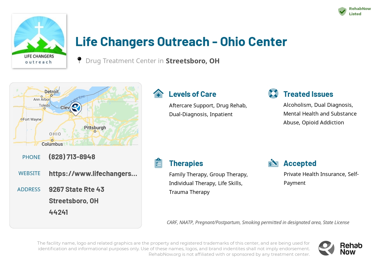 Helpful reference information for Life Changers Outreach - Ohio Center, a drug treatment center in Ohio located at: 9267 State Rte 43, Streetsboro, OH 44241, including phone numbers, official website, and more. Listed briefly is an overview of Levels of Care, Therapies Offered, Issues Treated, and accepted forms of Payment Methods.