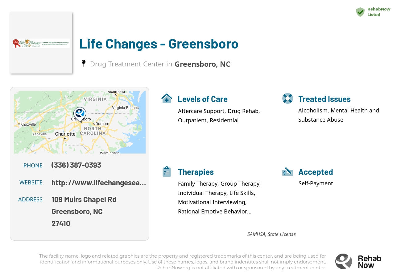 Helpful reference information for Life Changes - Greensboro, a drug treatment center in North Carolina located at: 109 Muirs Chapel Rd, Greensboro, NC 27410, including phone numbers, official website, and more. Listed briefly is an overview of Levels of Care, Therapies Offered, Issues Treated, and accepted forms of Payment Methods.