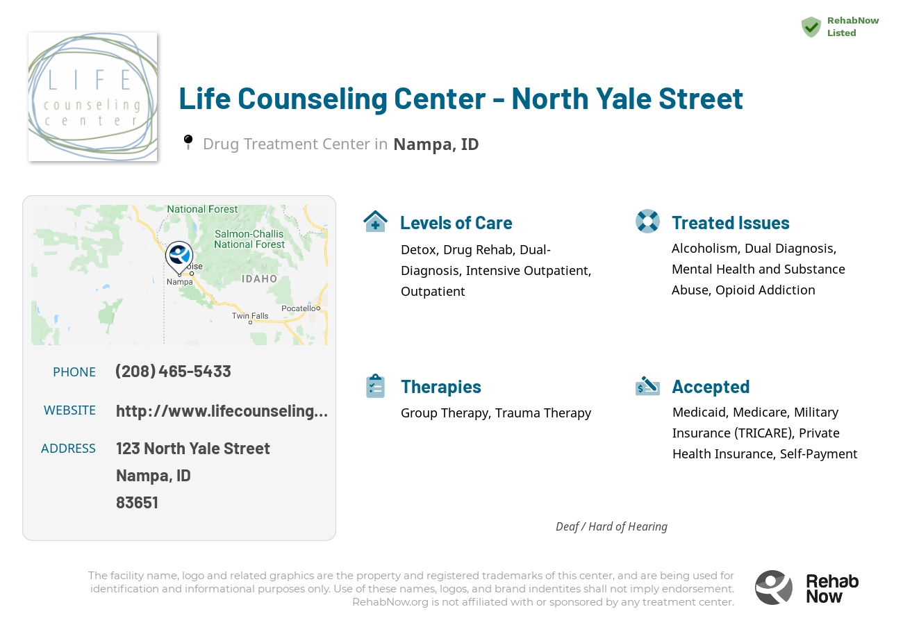 Helpful reference information for Life Counseling Center - North Yale Street, a drug treatment center in Idaho located at: 123 123 North Yale Street, Nampa, ID 83651, including phone numbers, official website, and more. Listed briefly is an overview of Levels of Care, Therapies Offered, Issues Treated, and accepted forms of Payment Methods.