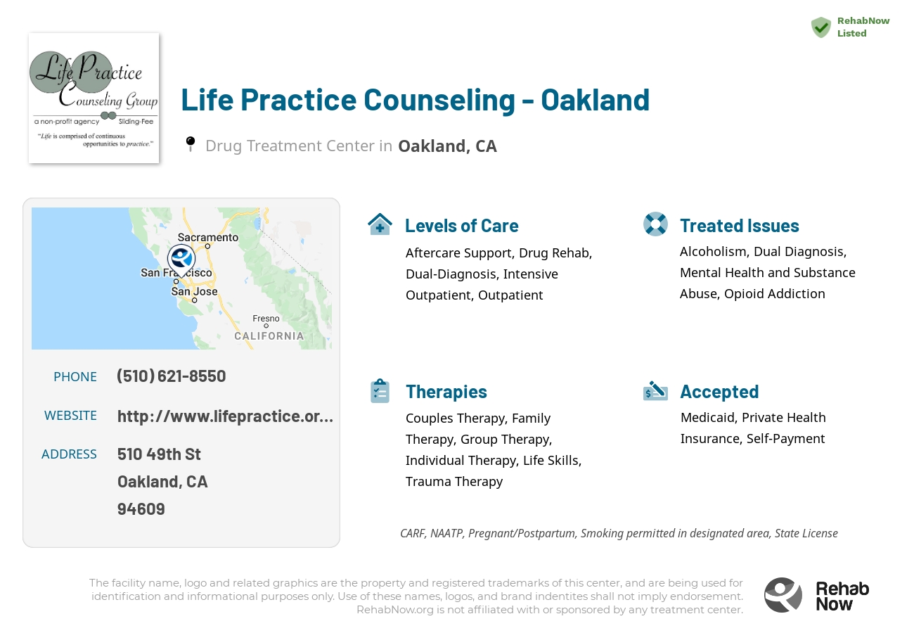 Helpful reference information for Life Practice Counseling - Oakland, a drug treatment center in California located at: 510 49th St, Oakland, CA 94609, including phone numbers, official website, and more. Listed briefly is an overview of Levels of Care, Therapies Offered, Issues Treated, and accepted forms of Payment Methods.