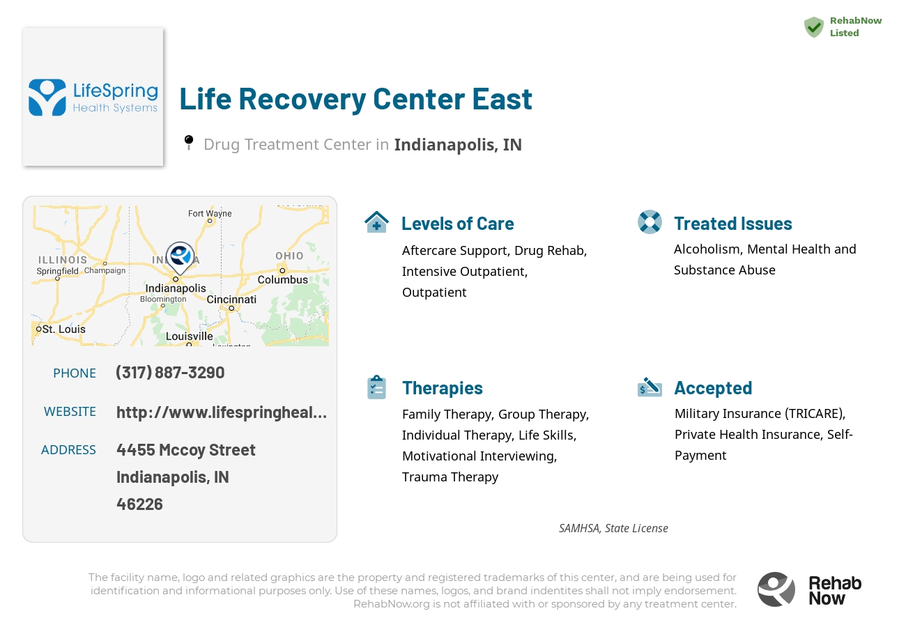 Helpful reference information for Life Recovery Center East, a drug treatment center in Indiana located at: 4455 Mccoy Street, Indianapolis, IN, 46226, including phone numbers, official website, and more. Listed briefly is an overview of Levels of Care, Therapies Offered, Issues Treated, and accepted forms of Payment Methods.