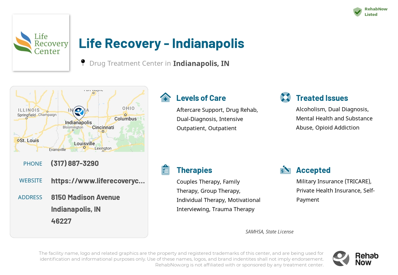 Helpful reference information for Life Recovery - Indianapolis, a drug treatment center in Indiana located at: 8150 Madison Avenue, Indianapolis, IN, 46227, including phone numbers, official website, and more. Listed briefly is an overview of Levels of Care, Therapies Offered, Issues Treated, and accepted forms of Payment Methods.
