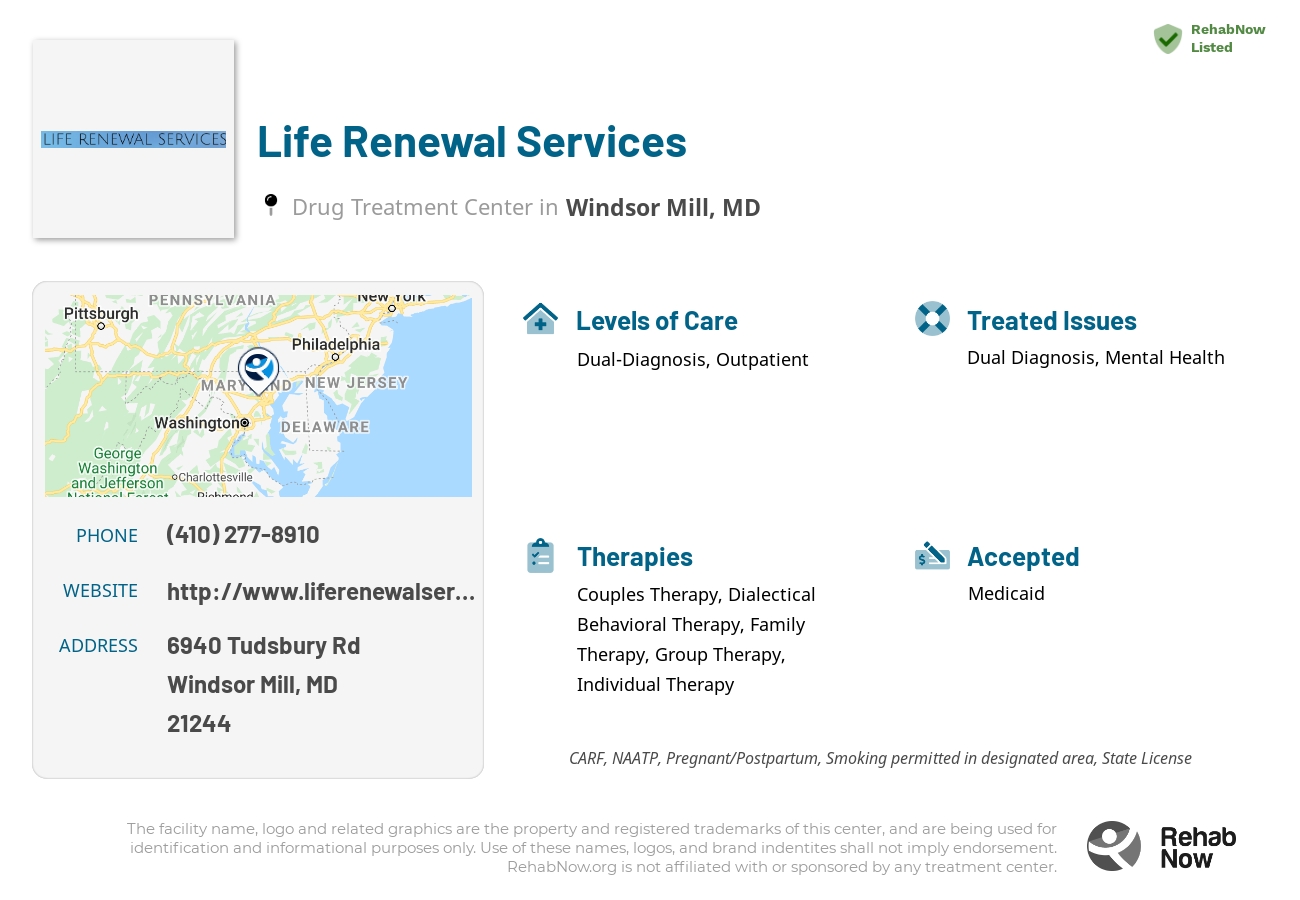 Helpful reference information for Life Renewal Services, a drug treatment center in Maryland located at: 6940 Tudsbury Rd, Windsor Mill, MD 21244, including phone numbers, official website, and more. Listed briefly is an overview of Levels of Care, Therapies Offered, Issues Treated, and accepted forms of Payment Methods.