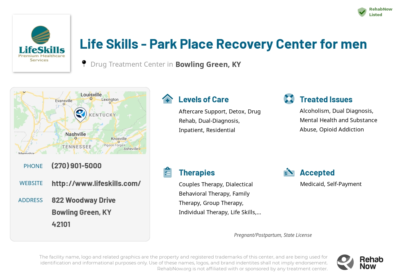 Helpful reference information for Life Skills - Park Place Recovery Center for men, a drug treatment center in Kentucky located at: 822 Woodway Drive, Bowling Green, KY, 42101, including phone numbers, official website, and more. Listed briefly is an overview of Levels of Care, Therapies Offered, Issues Treated, and accepted forms of Payment Methods.