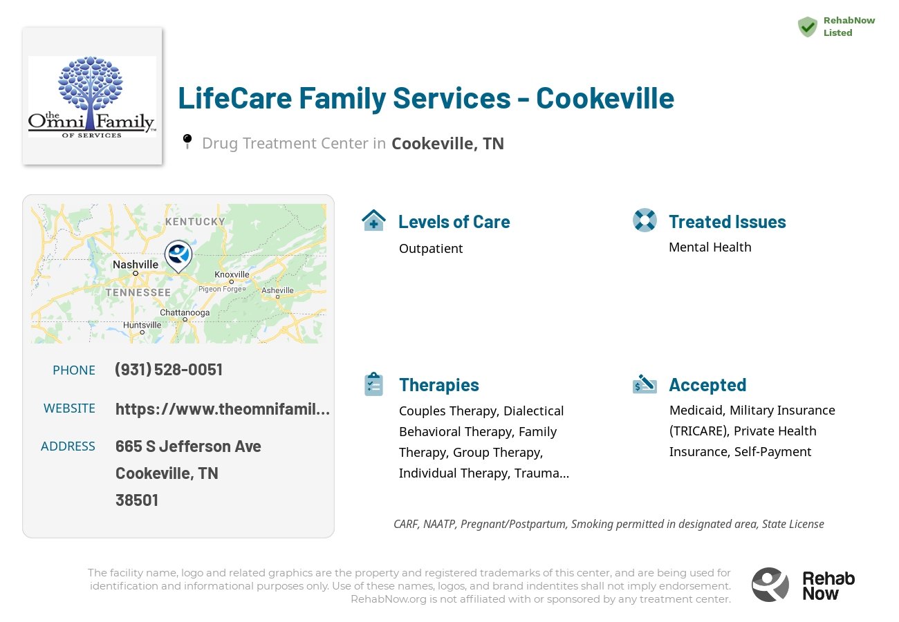Helpful reference information for LifeCare Family Services - Cookeville, a drug treatment center in Tennessee located at: 665 S Jefferson Ave, Cookeville, TN 38501, including phone numbers, official website, and more. Listed briefly is an overview of Levels of Care, Therapies Offered, Issues Treated, and accepted forms of Payment Methods.