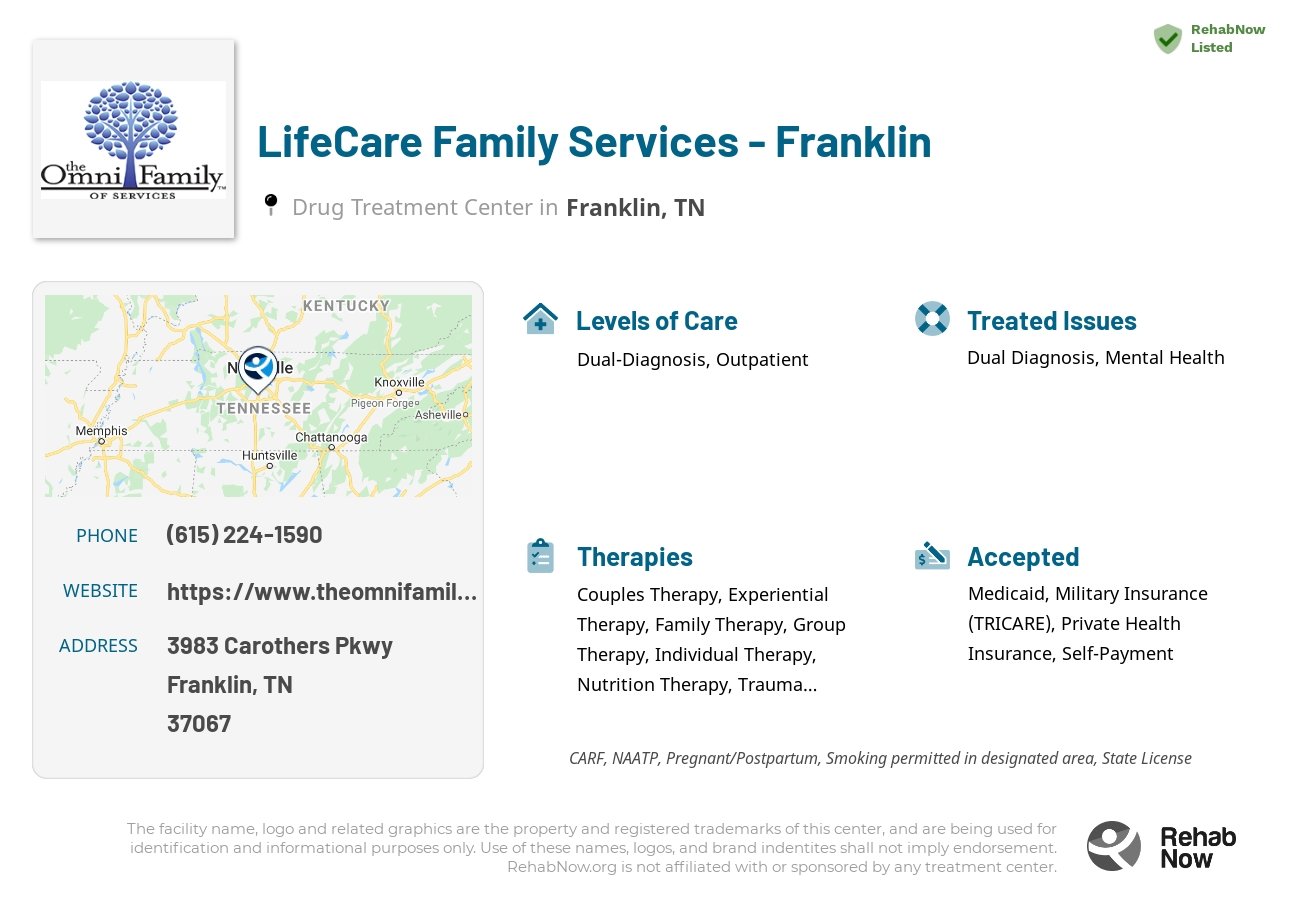 Helpful reference information for LifeCare Family Services - Franklin, a drug treatment center in Tennessee located at: 3983 Carothers Pkwy, Franklin, TN 37067, including phone numbers, official website, and more. Listed briefly is an overview of Levels of Care, Therapies Offered, Issues Treated, and accepted forms of Payment Methods.