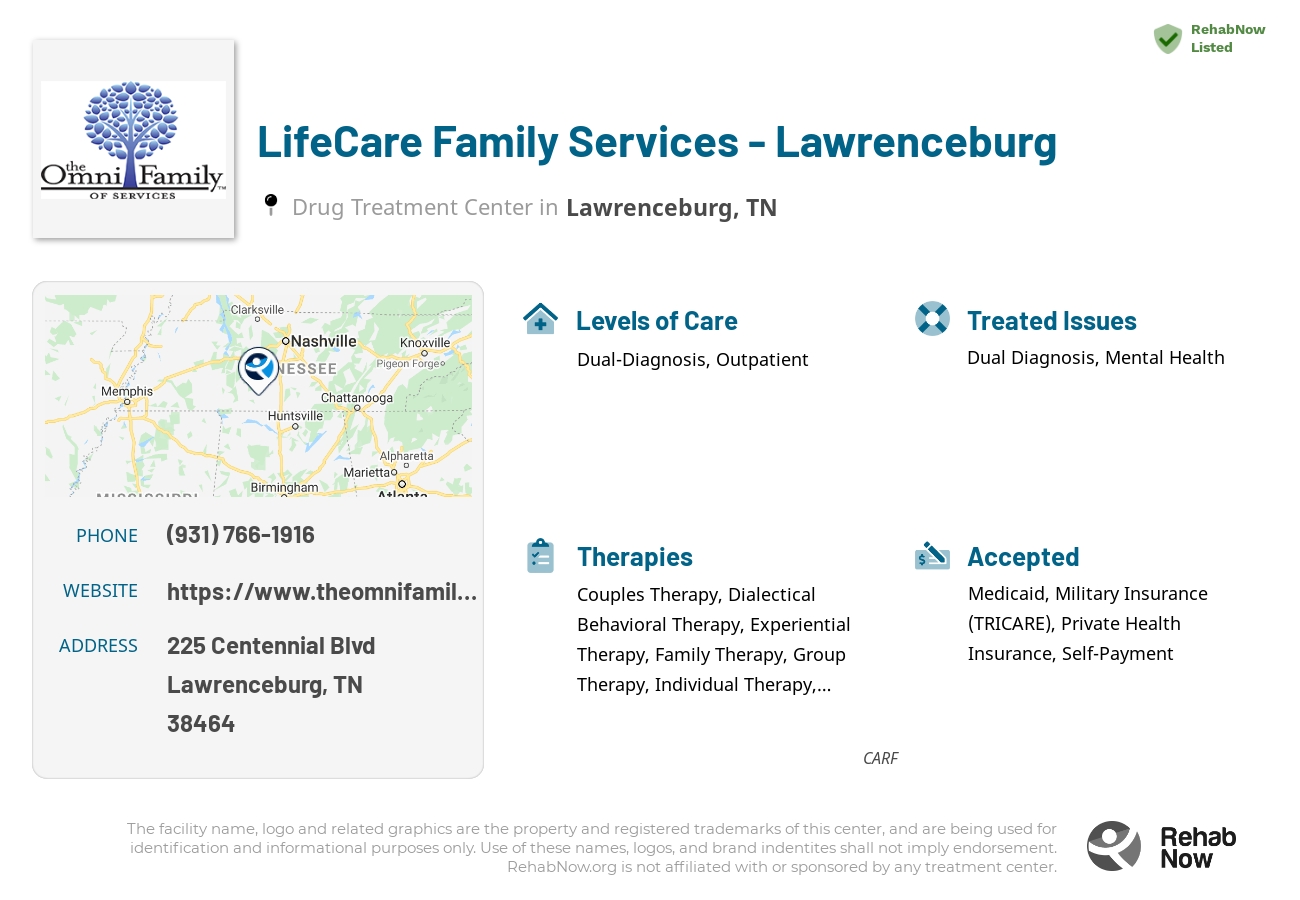Helpful reference information for LifeCare Family Services - Lawrenceburg, a drug treatment center in Tennessee located at: 225 Centennial Blvd, Lawrenceburg, TN 38464, including phone numbers, official website, and more. Listed briefly is an overview of Levels of Care, Therapies Offered, Issues Treated, and accepted forms of Payment Methods.