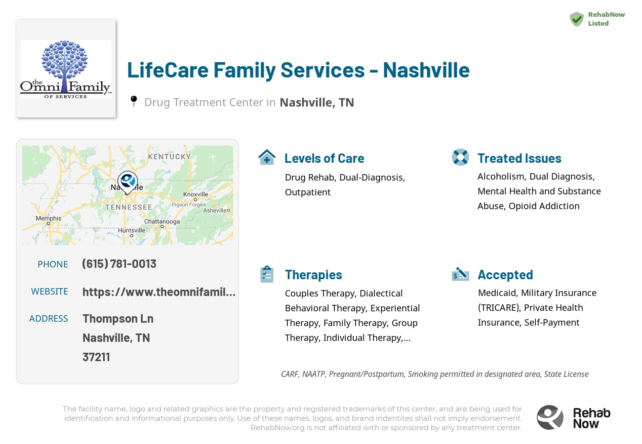 Helpful reference information for LifeCare Family Services - Nashville, a drug treatment center in Tennessee located at: Thompson Ln, Nashville, TN 37211, including phone numbers, official website, and more. Listed briefly is an overview of Levels of Care, Therapies Offered, Issues Treated, and accepted forms of Payment Methods.