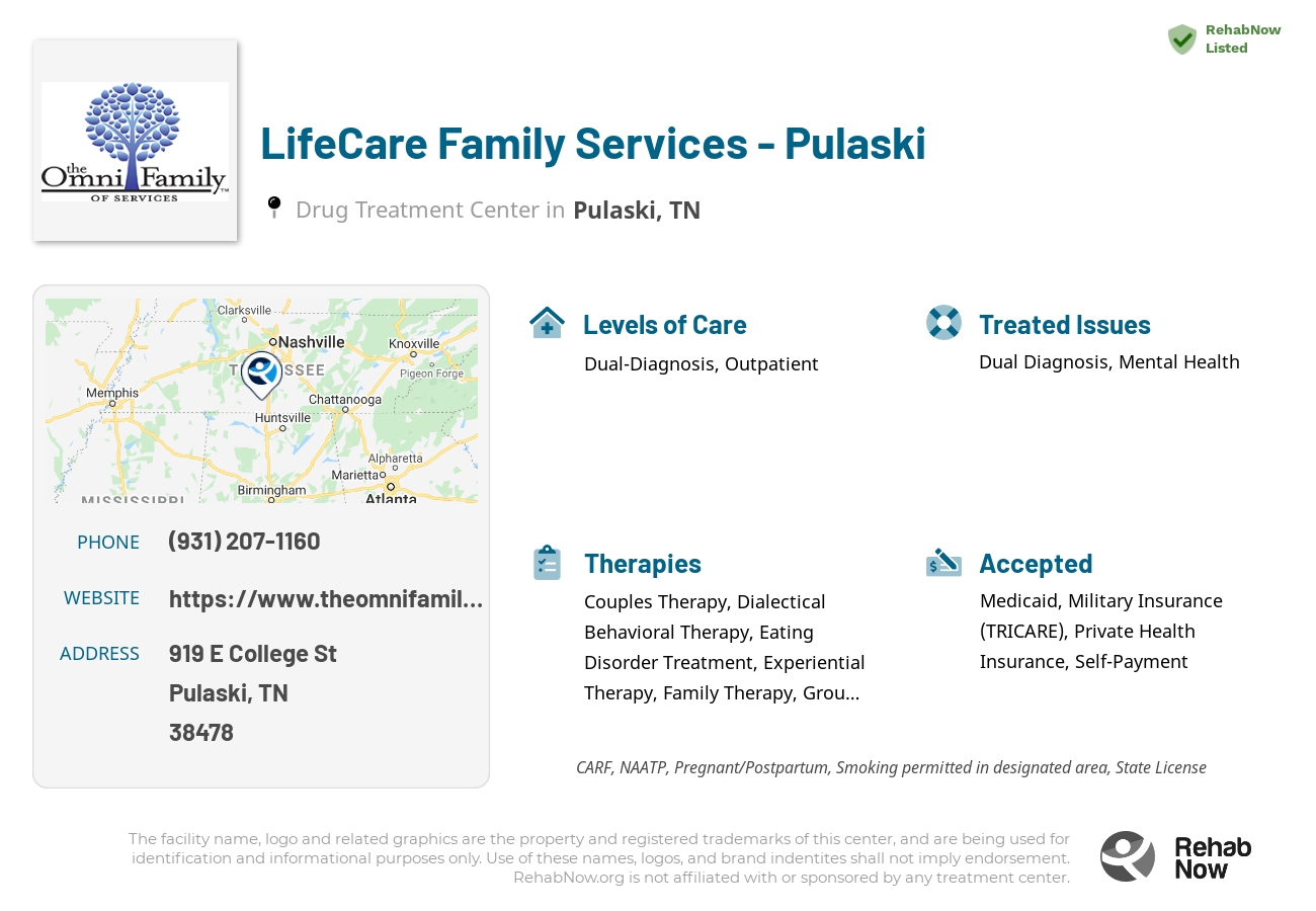 Helpful reference information for LifeCare Family Services - Pulaski, a drug treatment center in Tennessee located at: 919 E College St, Pulaski, TN 38478, including phone numbers, official website, and more. Listed briefly is an overview of Levels of Care, Therapies Offered, Issues Treated, and accepted forms of Payment Methods.