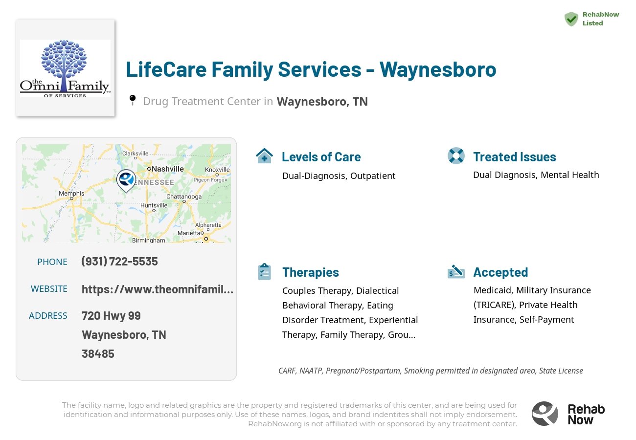 Helpful reference information for LifeCare Family Services - Waynesboro, a drug treatment center in Tennessee located at: 720 Hwy 99, Waynesboro, TN 38485, including phone numbers, official website, and more. Listed briefly is an overview of Levels of Care, Therapies Offered, Issues Treated, and accepted forms of Payment Methods.