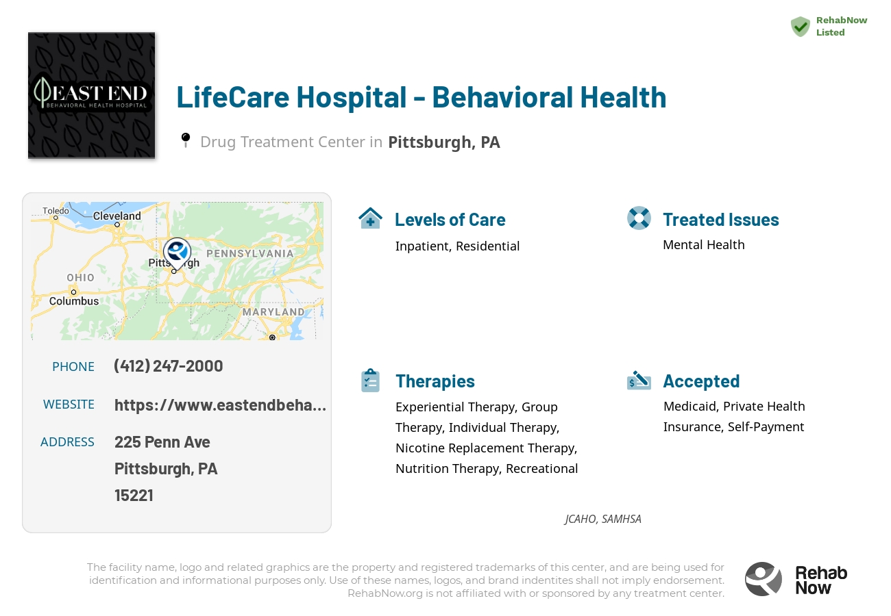 Helpful reference information for LifeCare Hospital - Behavioral Health, a drug treatment center in Pennsylvania located at: 225 Penn Ave, Pittsburgh, PA 15221, including phone numbers, official website, and more. Listed briefly is an overview of Levels of Care, Therapies Offered, Issues Treated, and accepted forms of Payment Methods.