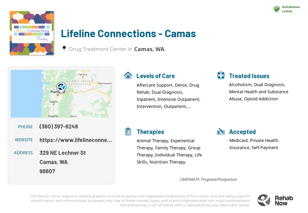 Helpful reference information for Lifeline Connections - Camas, a drug treatment center in Washington located at: 329 NE Lechner St, Camas, WA 98607, including phone numbers, official website, and more. Listed briefly is an overview of Levels of Care, Therapies Offered, Issues Treated, and accepted forms of Payment Methods.