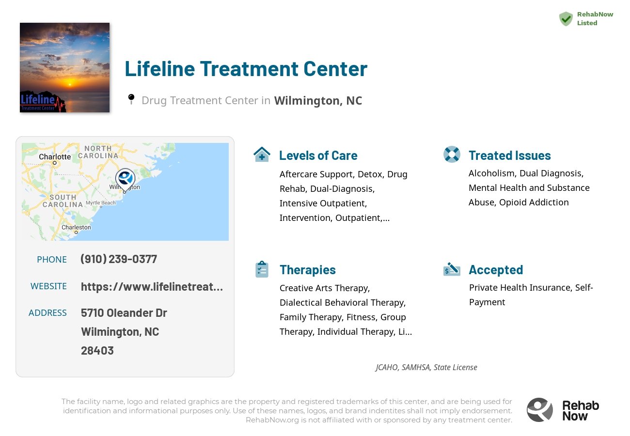 Helpful reference information for Lifeline Treatment Center, a drug treatment center in North Carolina located at: 5710 Oleander Dr, Wilmington, NC 28403, including phone numbers, official website, and more. Listed briefly is an overview of Levels of Care, Therapies Offered, Issues Treated, and accepted forms of Payment Methods.