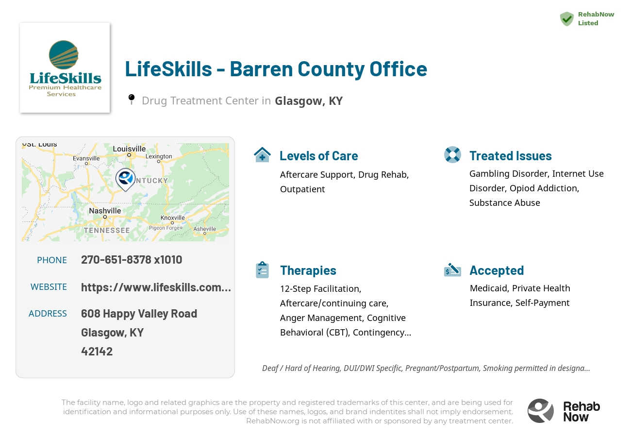 Helpful reference information for LifeSkills - Barren County Office, a drug treatment center in Kentucky located at: 608 Happy Valley Road, Glasgow, KY 42142, including phone numbers, official website, and more. Listed briefly is an overview of Levels of Care, Therapies Offered, Issues Treated, and accepted forms of Payment Methods.