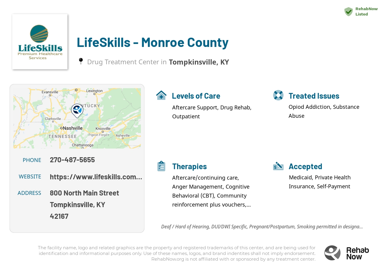 Helpful reference information for LifeSkills - Monroe County, a drug treatment center in Kentucky located at: 800 North Main Street, Tompkinsville, KY 42167, including phone numbers, official website, and more. Listed briefly is an overview of Levels of Care, Therapies Offered, Issues Treated, and accepted forms of Payment Methods.