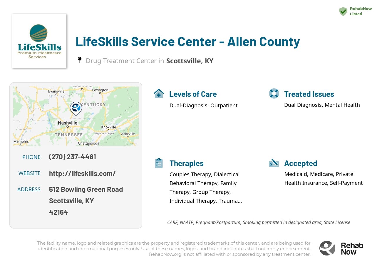 Helpful reference information for LifeSkills Service Center - Allen County, a drug treatment center in Kentucky located at: 512 Bowling Green Road, Scottsville, KY, 42164, including phone numbers, official website, and more. Listed briefly is an overview of Levels of Care, Therapies Offered, Issues Treated, and accepted forms of Payment Methods.
