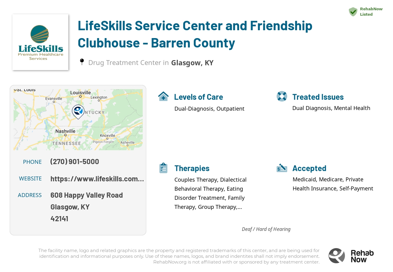 Helpful reference information for LifeSkills Service Center and Friendship Clubhouse - Barren County, a drug treatment center in Kentucky located at: 608 Happy Valley Road, Glasgow, KY, 42141, including phone numbers, official website, and more. Listed briefly is an overview of Levels of Care, Therapies Offered, Issues Treated, and accepted forms of Payment Methods.