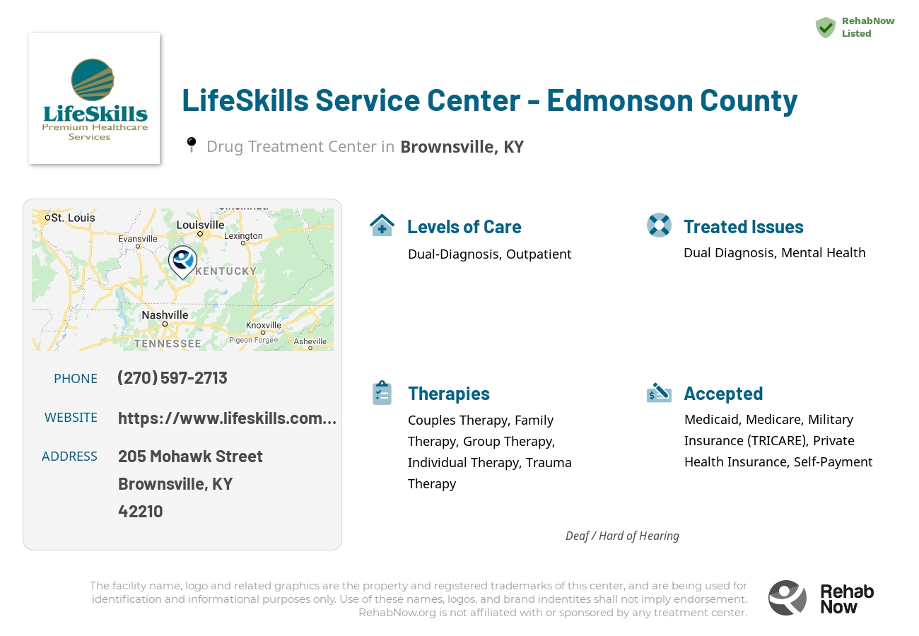 Helpful reference information for LifeSkills Service Center - Edmonson County, a drug treatment center in Kentucky located at: 205 Mohawk Street, Brownsville, KY, 42210, including phone numbers, official website, and more. Listed briefly is an overview of Levels of Care, Therapies Offered, Issues Treated, and accepted forms of Payment Methods.