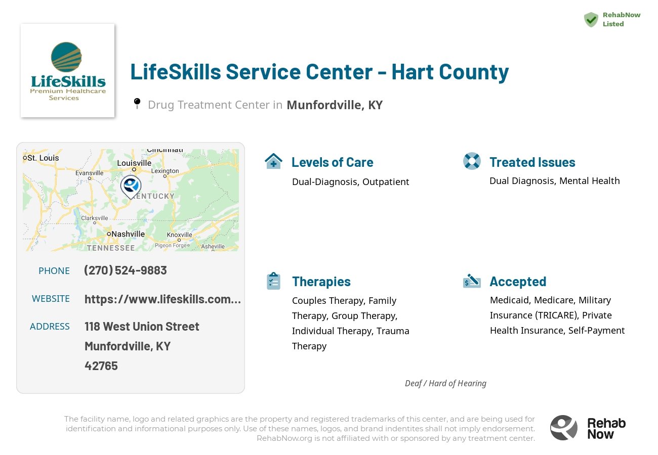 Helpful reference information for LifeSkills Service Center - Hart County, a drug treatment center in Kentucky located at: 118 West Union Street, Munfordville, KY, 42765, including phone numbers, official website, and more. Listed briefly is an overview of Levels of Care, Therapies Offered, Issues Treated, and accepted forms of Payment Methods.