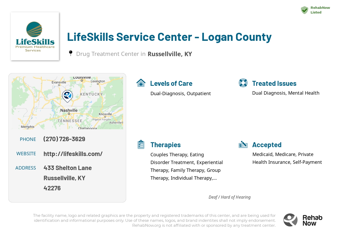 Helpful reference information for LifeSkills Service Center - Logan County, a drug treatment center in Kentucky located at: 433 Shelton Lane, Russellville, KY, 42276, including phone numbers, official website, and more. Listed briefly is an overview of Levels of Care, Therapies Offered, Issues Treated, and accepted forms of Payment Methods.