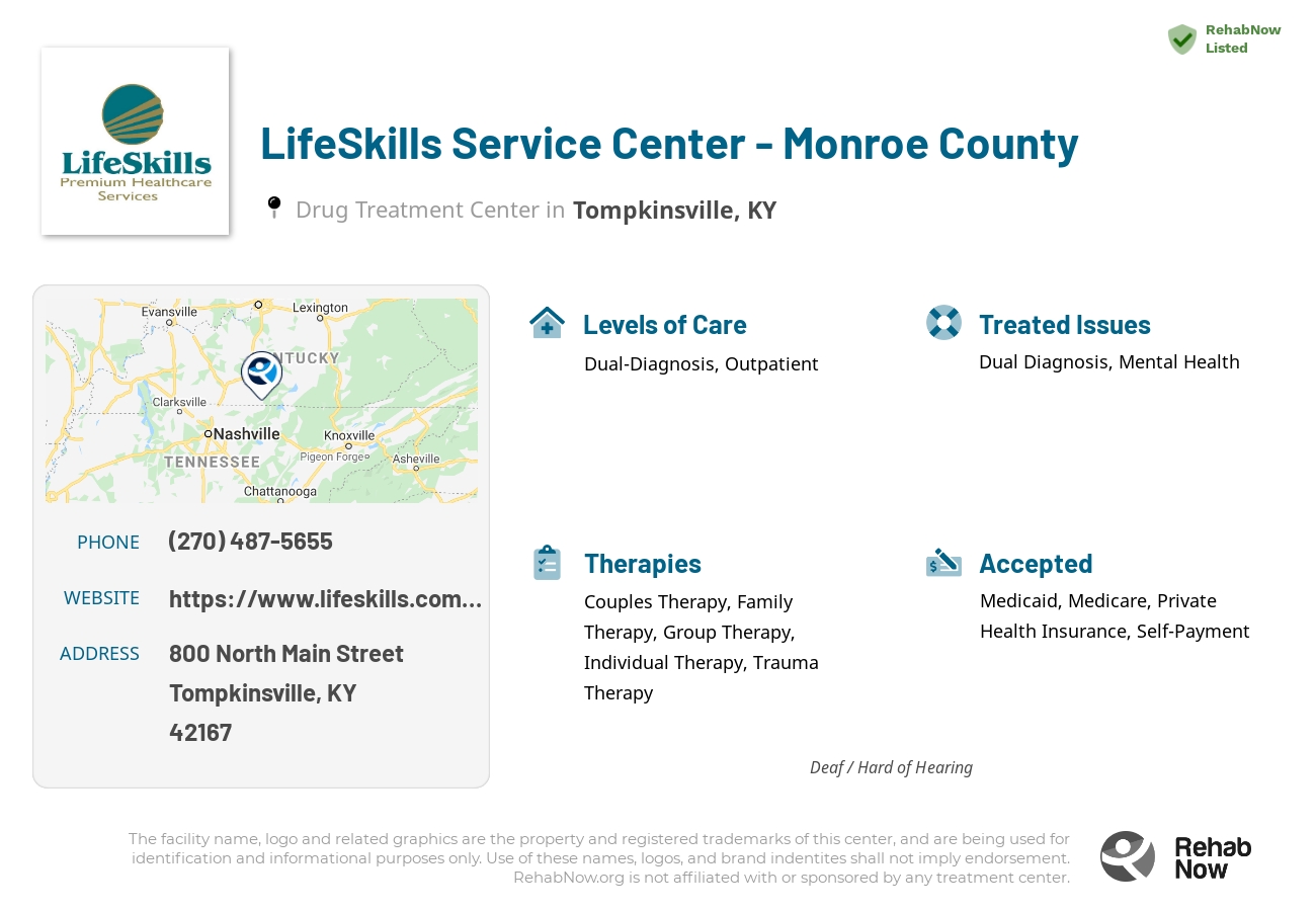 Helpful reference information for LifeSkills Service Center - Monroe County, a drug treatment center in Kentucky located at: 800 North Main Street, Tompkinsville, KY, 42167, including phone numbers, official website, and more. Listed briefly is an overview of Levels of Care, Therapies Offered, Issues Treated, and accepted forms of Payment Methods.