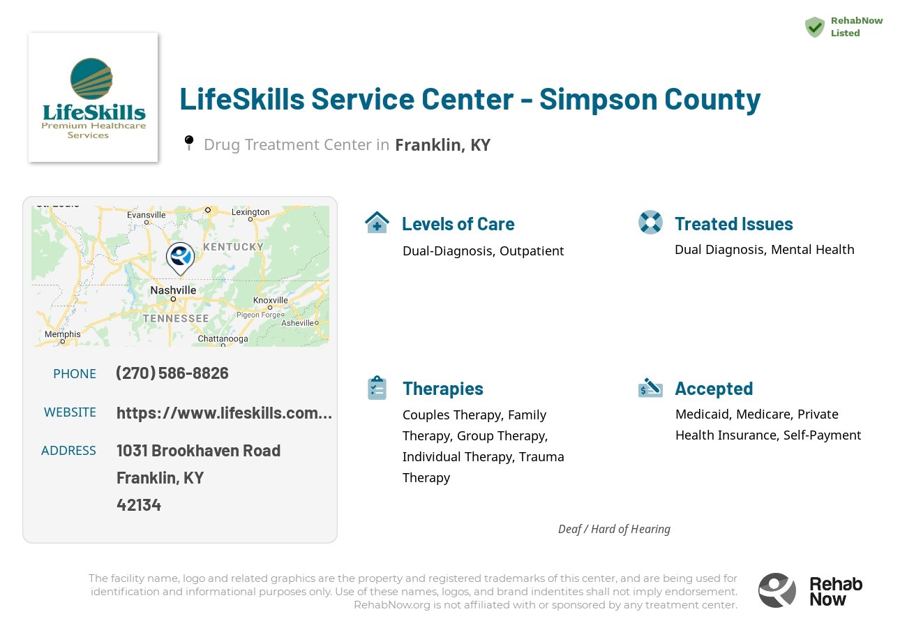 Helpful reference information for LifeSkills Service Center - Simpson County, a drug treatment center in Kentucky located at: 1031 Brookhaven Road, Franklin, KY, 42134, including phone numbers, official website, and more. Listed briefly is an overview of Levels of Care, Therapies Offered, Issues Treated, and accepted forms of Payment Methods.