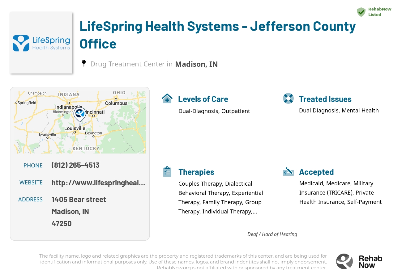 Helpful reference information for LifeSpring Health Systems - Jefferson County Office, a drug treatment center in Indiana located at: 1405 Bear street, Madison, IN, 47250, including phone numbers, official website, and more. Listed briefly is an overview of Levels of Care, Therapies Offered, Issues Treated, and accepted forms of Payment Methods.