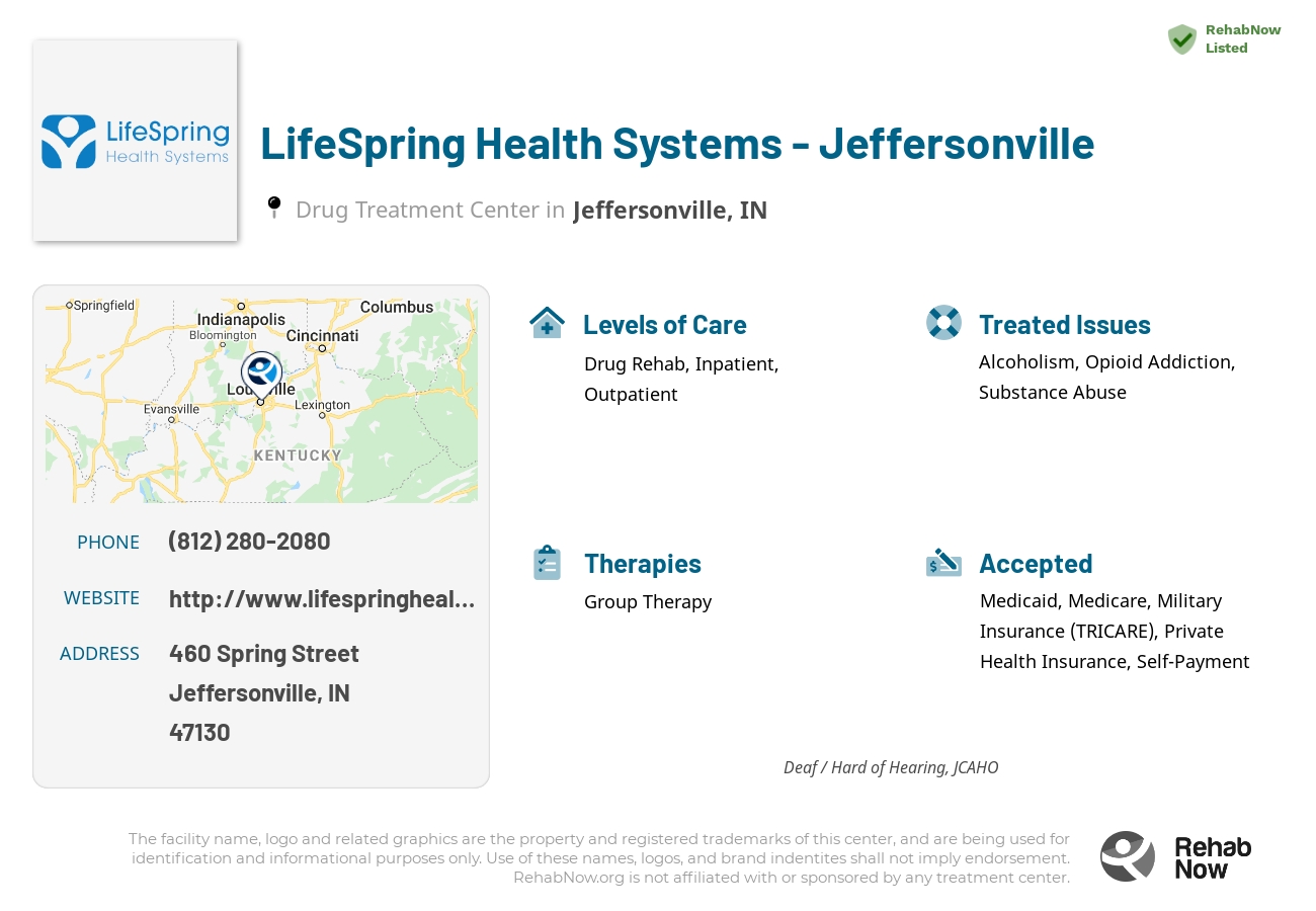 Helpful reference information for LifeSpring Health Systems - Jeffersonville, a drug treatment center in Indiana located at: 460 Spring Street, Jeffersonville, IN, 47130, including phone numbers, official website, and more. Listed briefly is an overview of Levels of Care, Therapies Offered, Issues Treated, and accepted forms of Payment Methods.