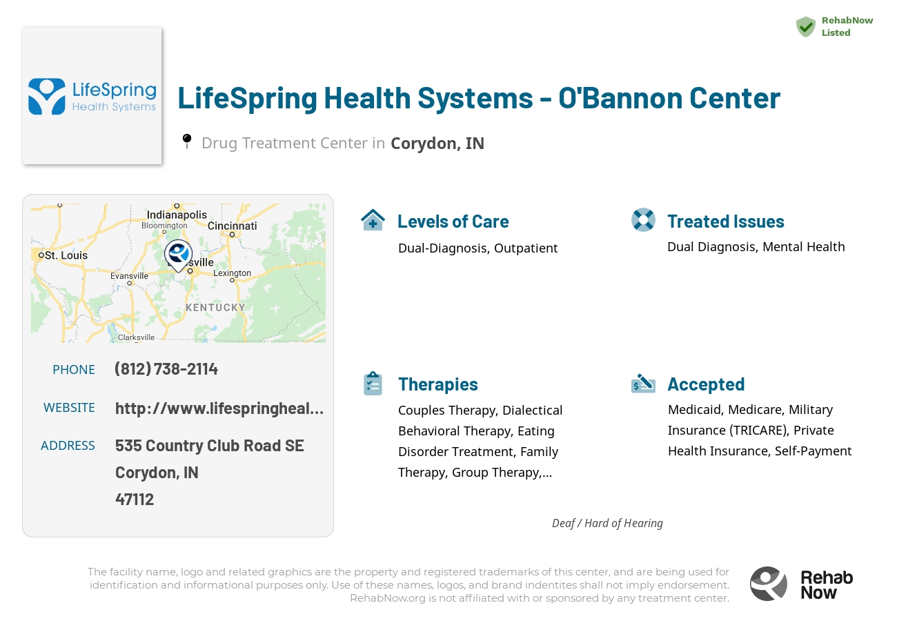 Helpful reference information for LifeSpring Health Systems - O'Bannon Center, a drug treatment center in Indiana located at: 535 Country Club Road SE, Corydon, IN, 47112, including phone numbers, official website, and more. Listed briefly is an overview of Levels of Care, Therapies Offered, Issues Treated, and accepted forms of Payment Methods.
