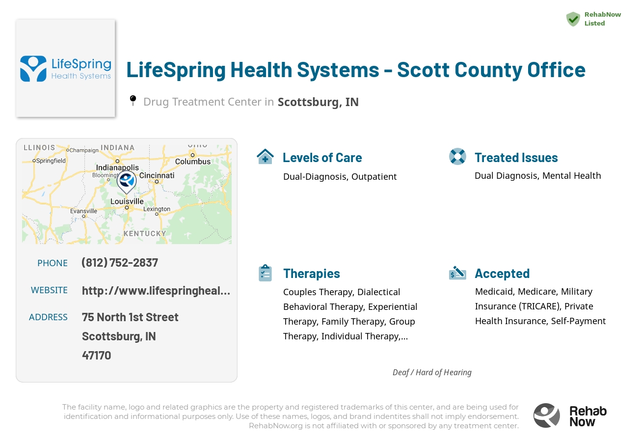 Helpful reference information for LifeSpring Health Systems - Scott County Office, a drug treatment center in Indiana located at: 75 North 1st Street, Scottsburg, IN, 47170, including phone numbers, official website, and more. Listed briefly is an overview of Levels of Care, Therapies Offered, Issues Treated, and accepted forms of Payment Methods.